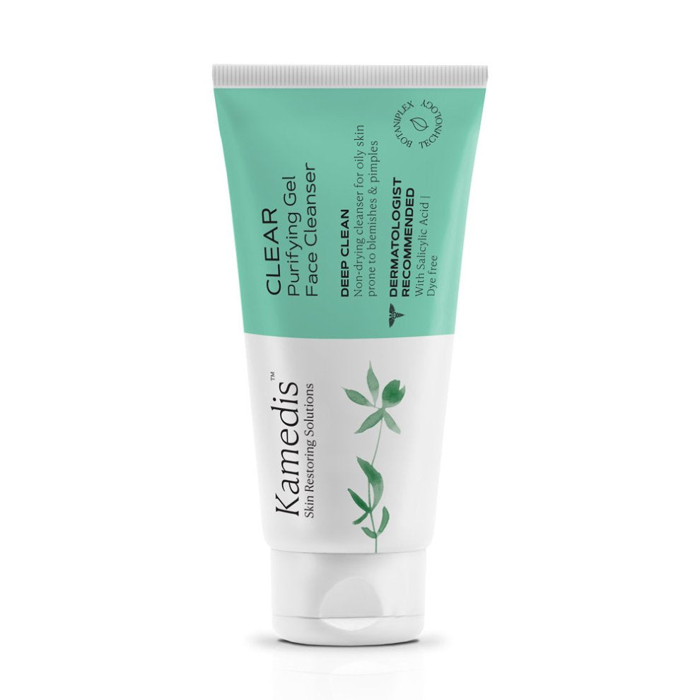 Kamedis CLEAR Purifying Gel Face Cleanser in einer mint-weißen Tube, speziell für ölige und zu Unreinheiten neigende Haut entwickelt.