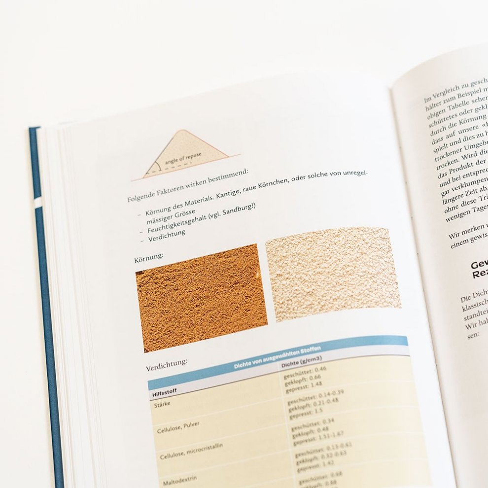 Innenseite des Buches Dosierung von Granulaten, illustriert Faktoren wie Körnung und Verdichtung für die Granulatqualität.