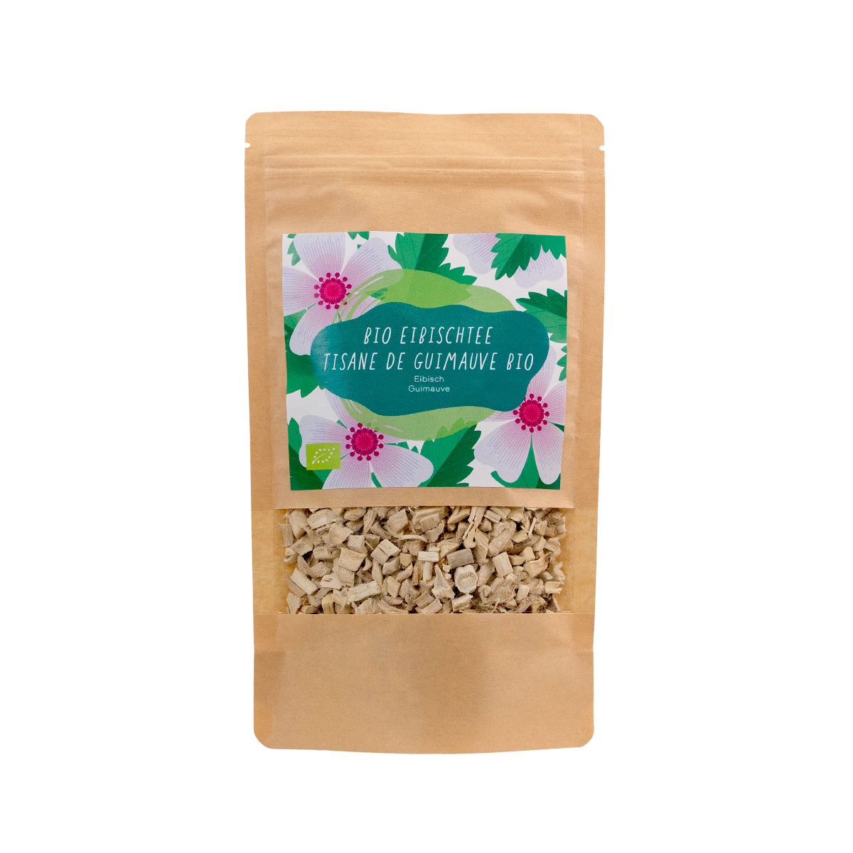 Brauner Standbeutel mit Sichtfenster, gefüllt mit Bio-Eibischwurzelstücken. Etikett in Grün und Rosa mit der Aufschrift „Bio Eibischtee / Tisane de Guimauve Bio“.