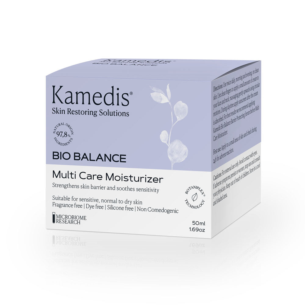 Produktverpackung des Kamedis Bio Balance Multi Care Moisturizer in helllila Kartonbox.