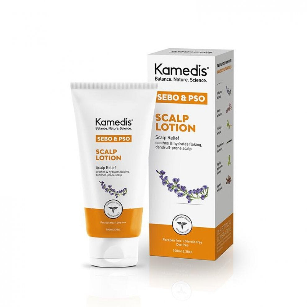 Tube und Verpackung der Kamedis Sebo & PSO Scalp Lotion mit beruhigenden Pflanzenextrakten für trockene, schuppige Kopfhaut. 100 ml.
