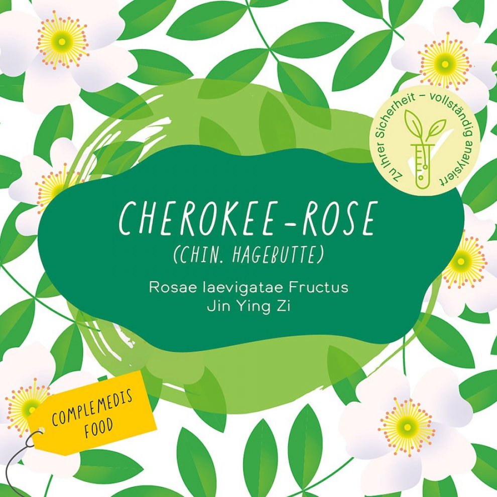 Etikett der Cherokee-Rose (Chin. Hagebutte) von Complemedis. Grüne und weiße Gestaltung mit Blüten und botanischen Elementen.