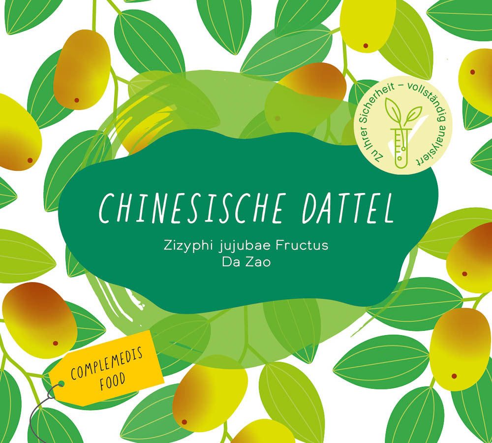 Produktetikett „Chinesische Dattel, getrocknet“, mit grafischen Elementen von Blättern und Datteln.