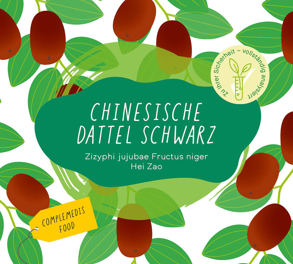 Nahaufnahme des Produktetiketts „Chinesische Dattel schwarz“, mit grafischen Elementen von Datteln und Blättern.