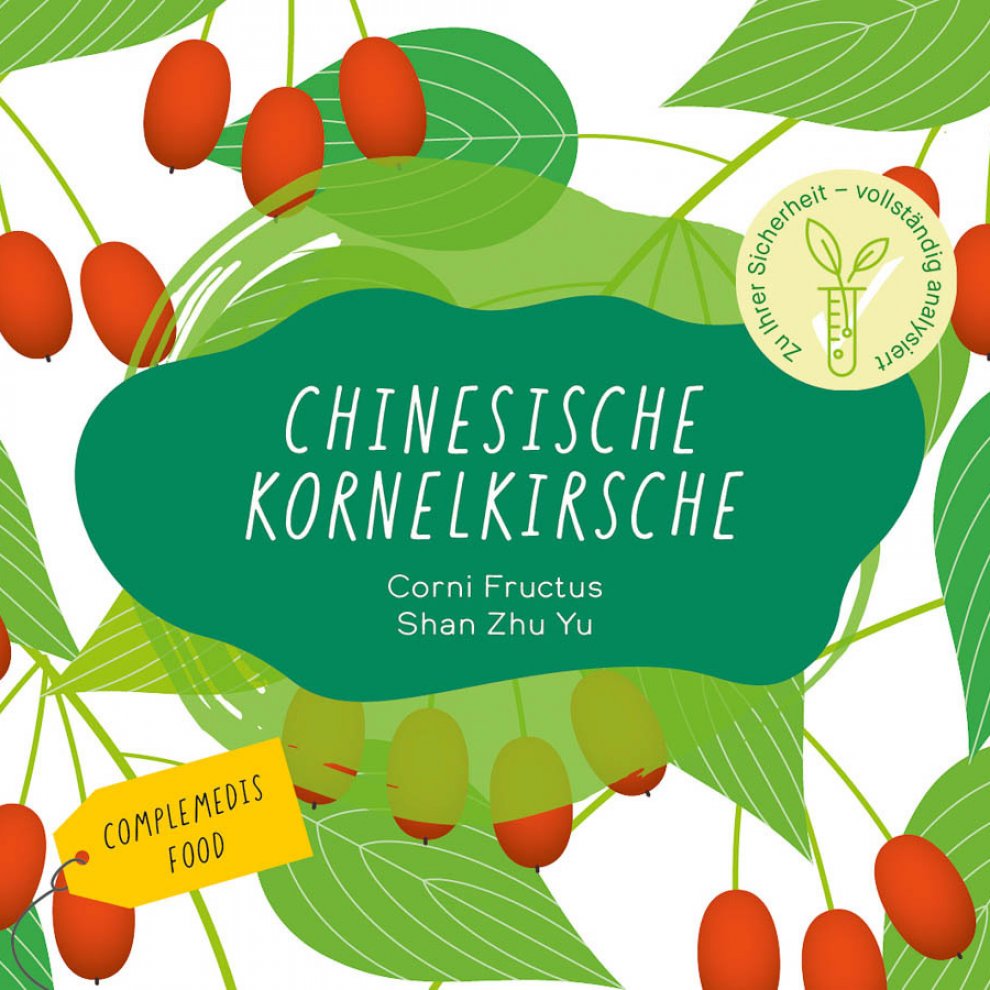 Etikett der Chinesischen Kornelkirsche (Shan Zhu Yu) von Complemedis. Grüne und rote Gestaltung mit illustrierten Früchten und Blättern.
