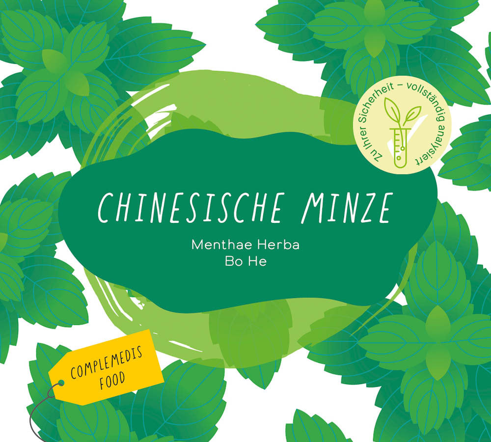 Produktetikett „Chinesische Minze“, mit grafischen Elementen von Blättern und Minze.