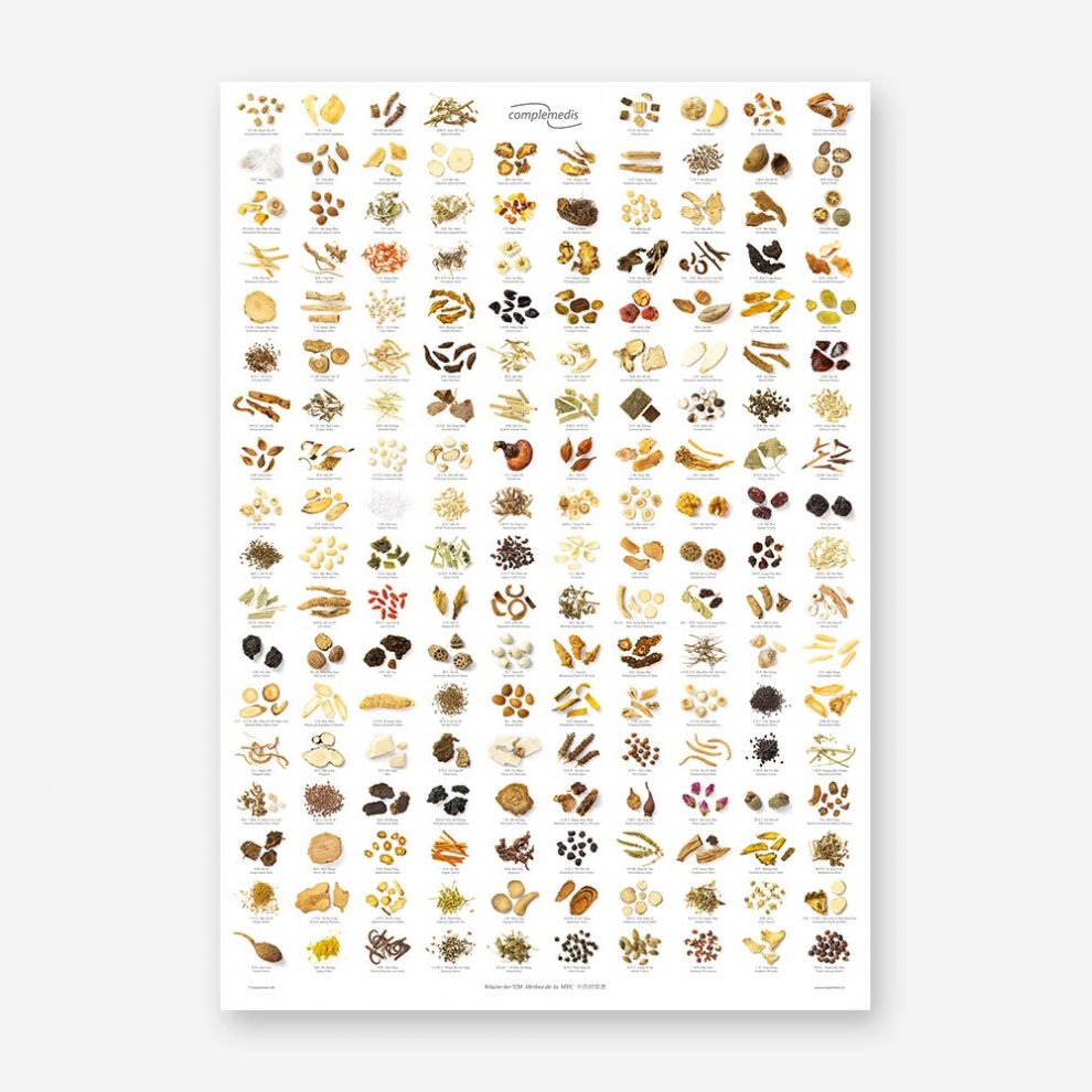 Plakat mit über 200 chinesischen Kräutern, detailliert dargestellt mit botanischen und chinesischen Bezeichnungen, Größe 70 cm x 100 cm.