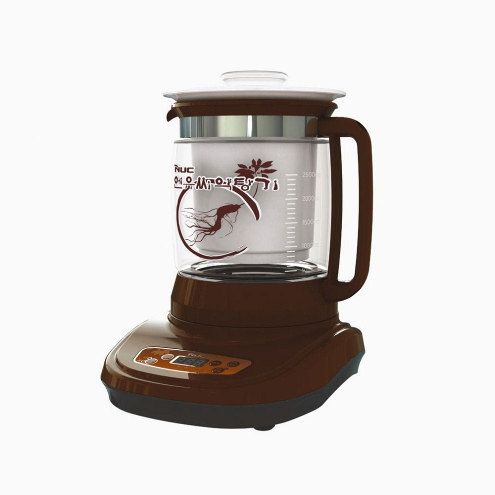 Dekoktiergerät NUC mit abnehmbarem Glastopf und digitaler Anzeige zur Zubereitung chinesischer Kräuterabkochungen.
