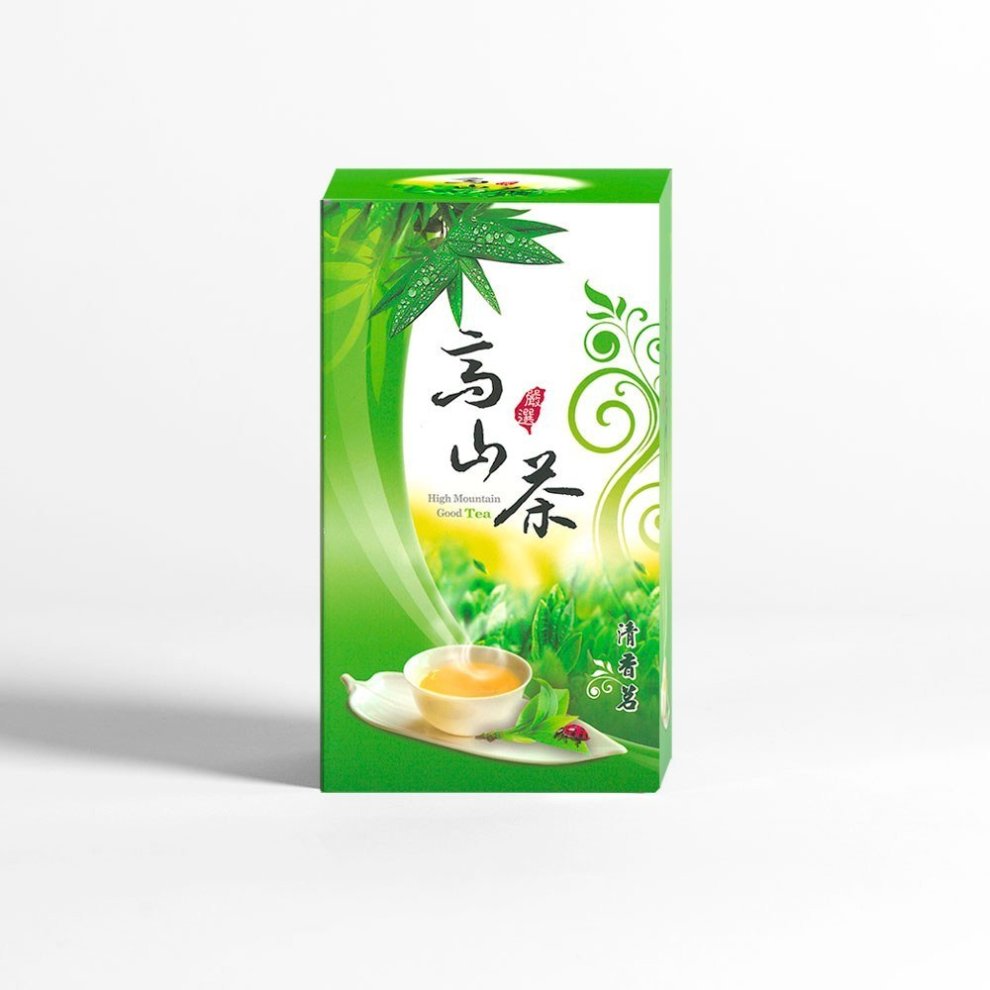 Verpackung des Dong Ding Oolong-Tees aus Taiwan, mit grünen Akzenten und einer Tasse Tee, auf weißem Hintergrund.