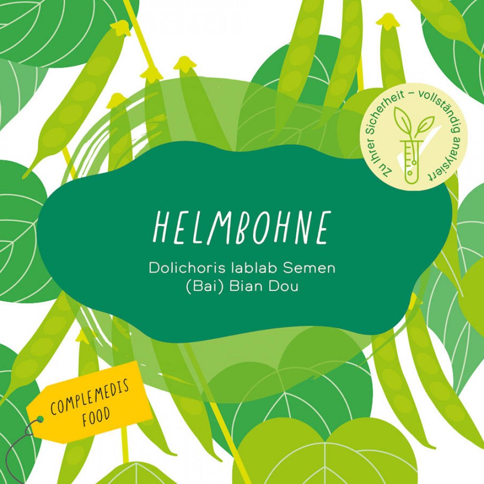 Etikett der Helmbohne – Design mit grünen Blättern und Bohnen als Hintergrund.