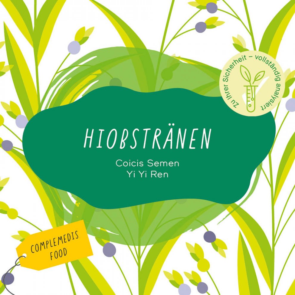 Etikett der Hiobstränen-Packung mit klaren Produktinformationen.