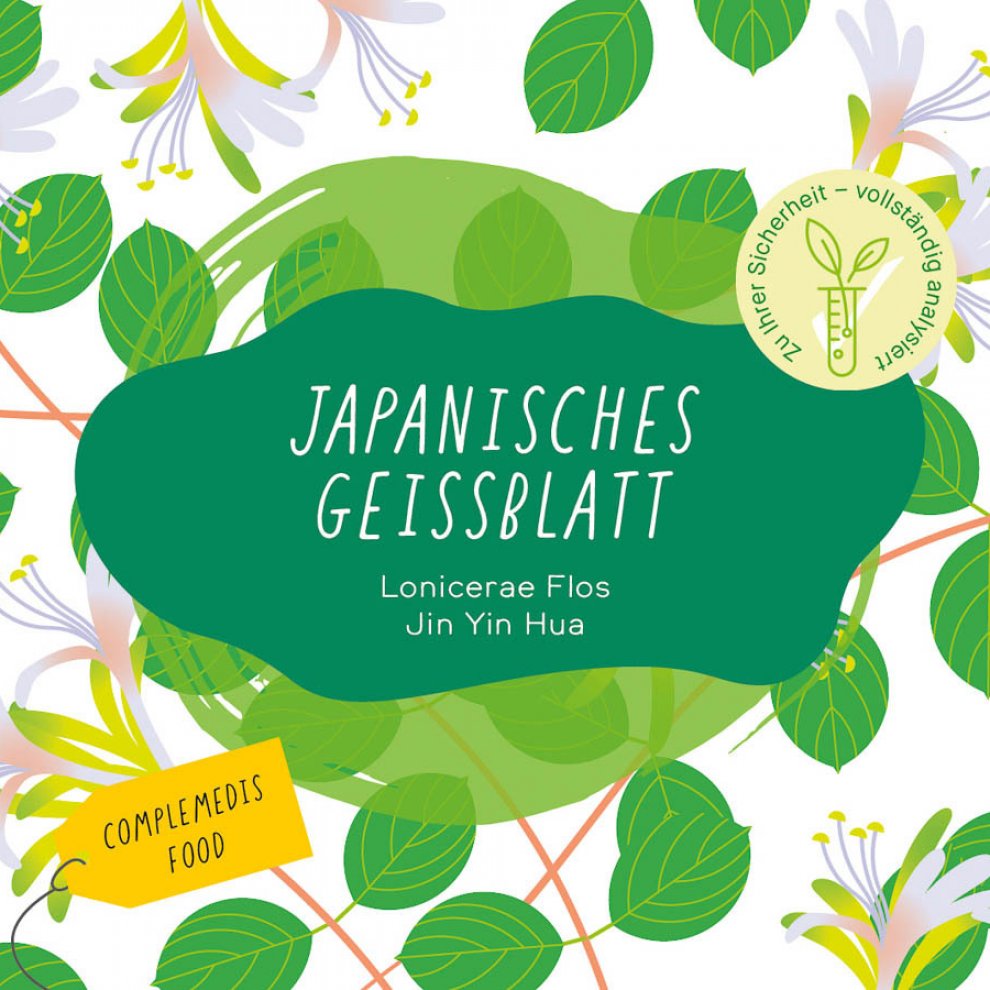 Etikett der Verpackung mit der Aufschrift "Japanisches Geissblatt – Lonicerae Flos".