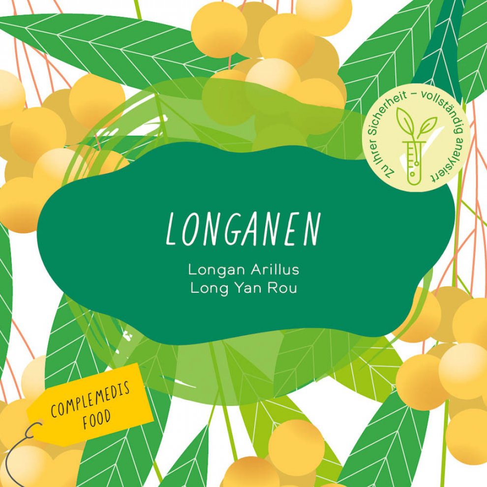 Etikett für Longanen von Complemedis mit einer Illustration gelber Longan-Früchte auf grünem Hintergrund.