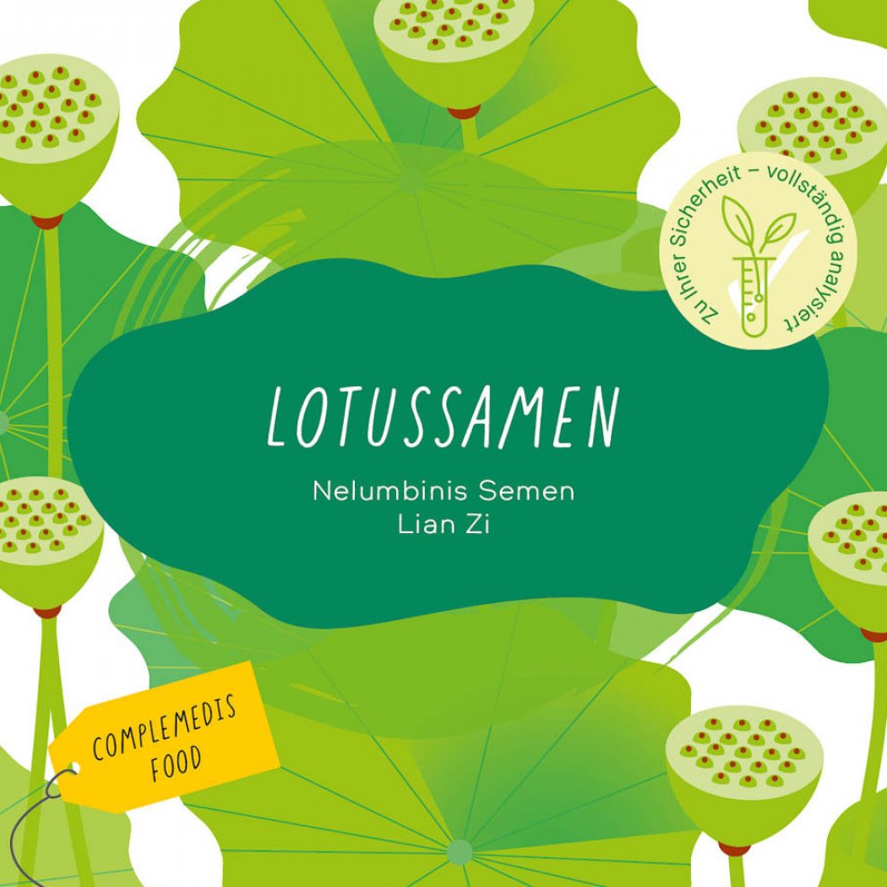 Lotussamen Etikett: Illustriertes Etikett mit Lotusblumen und der Beschriftung „Lotussamen“.