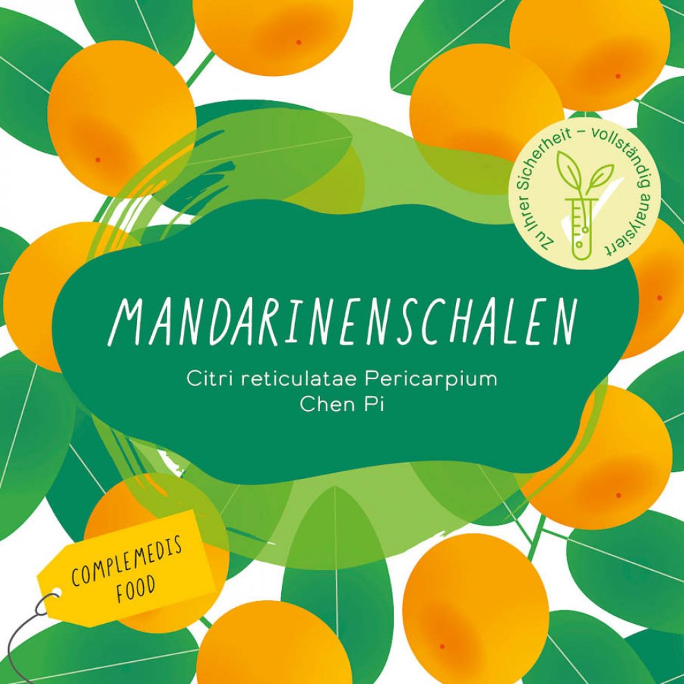 Etikett der Mandarinenschalen-Verpackung mit botanischem Motiv und Produktbeschreibung.