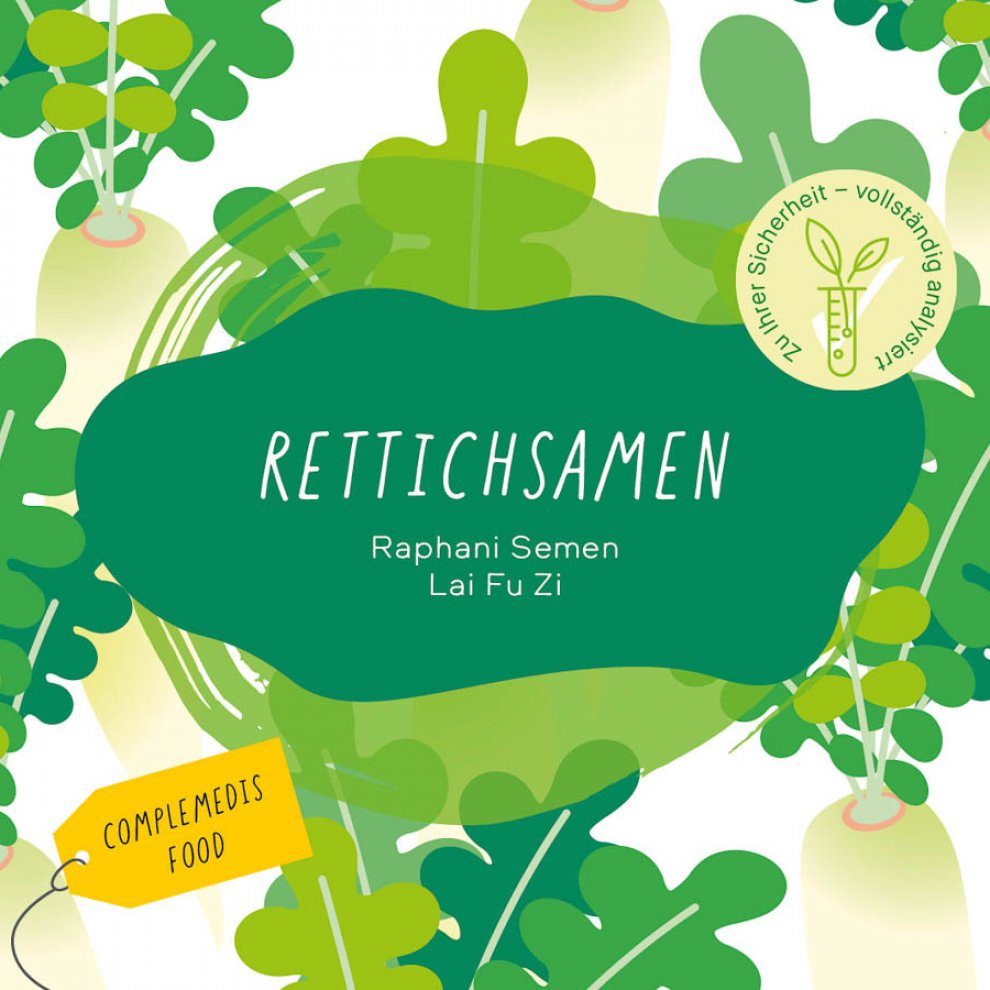 Produktetikett der Rettichsamen mit botanischem Namen Raphani Semen.