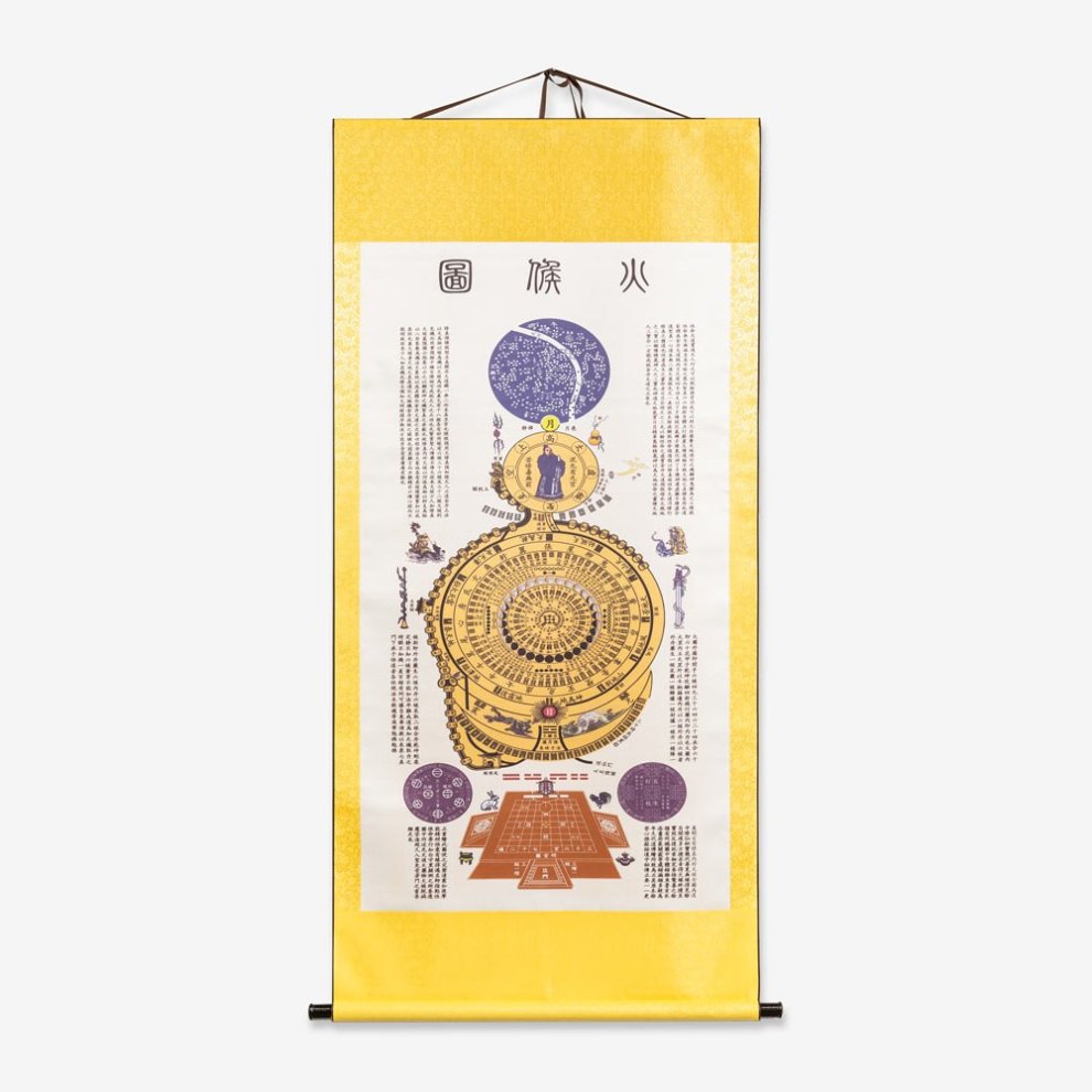 Rollbild "Huo Hou Tu" mit traditioneller daoistischer Darstellung des inneren Feuers und alchemistischer Prozesse auf hochwertigem Stoff.