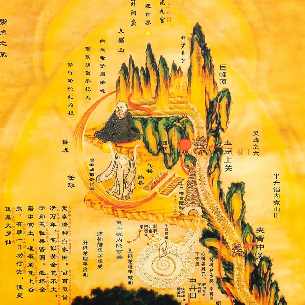 Detailausschnitt des Nei Jing Tu Rollbildes mit daoistischen Symbolen, Schriftzeichen und einer Darstellung der inneren Alchemie.