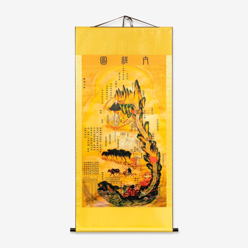 Nei Jing Tu Rollbild mit traditioneller daoistischer Darstellung des energetischen Flusses im menschlichen Körper, aufgehängt mit goldfarbenem Rahmen.