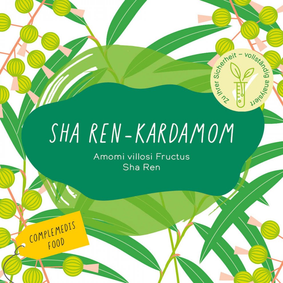 Etikett von Complemedis für Sha Ren-Kardamom mit grünem Design, Blättern und gelben Beeren, inklusive botanischem Namen Amomi villosi Fructus.