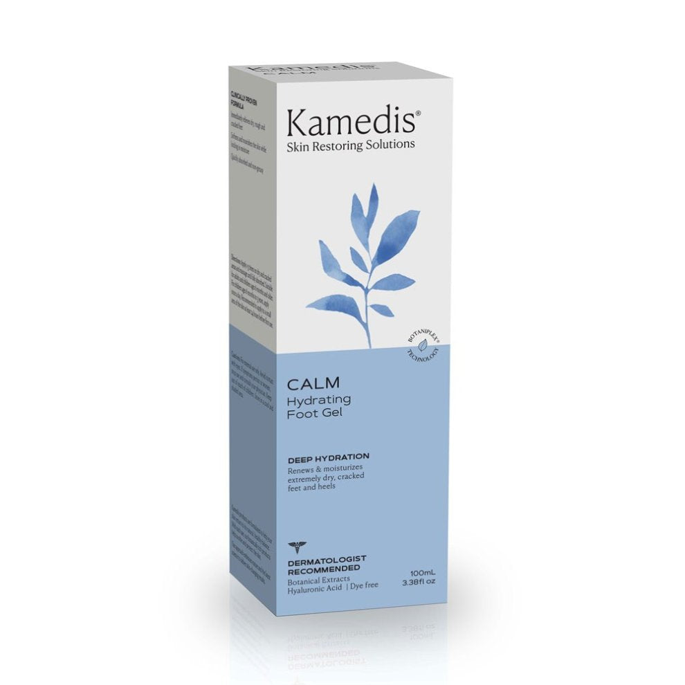 Verpackung des CALM Hydrating Foot Gel für trockene Füße.