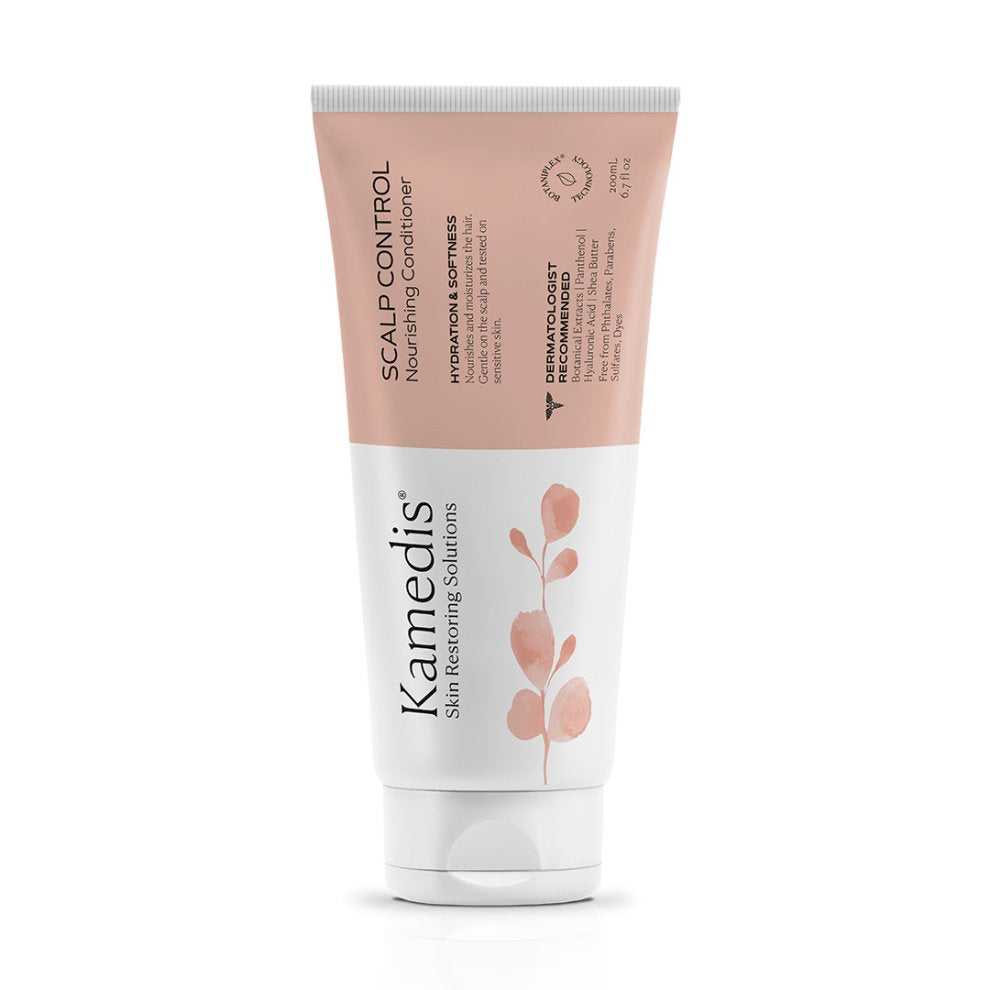 Frontalaufnahme der Kamedis Scalp Control Nourishing Conditioner Tube à 200 ml mit rosa-weisser Verpackung und Pflanzenmotiv.