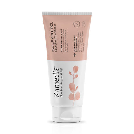 Frontalaufnahme der Kamedis Scalp Control Nourishing Conditioner Tube à 200 ml mit rosa-weisser Verpackung und Pflanzenmotiv.