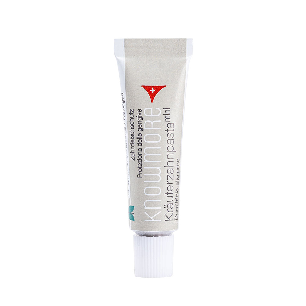 KNOWMORE dentifricio anti-età alle erbe mini, tubetto da 9,3 ml